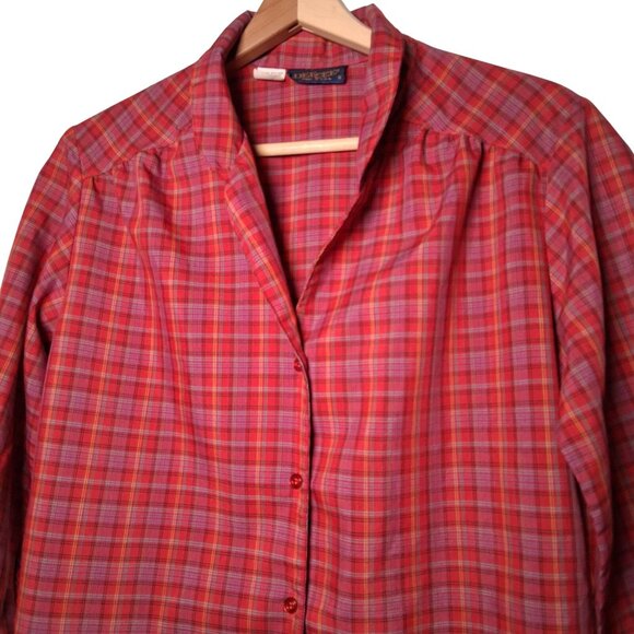 Vintage Dee Cee Blouse Women 10 Rust Blue Plaud Button Collared Modest Retro - Picture 2 of 12